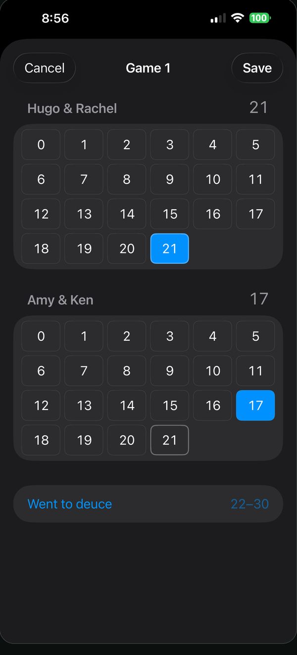 Entering a game score on a tap grid