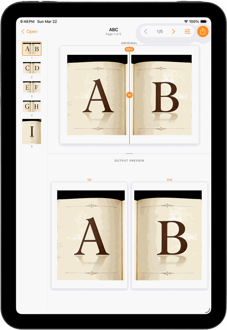 SpreadSplit 在 iPad 上執行，頁面清單與編輯區並排